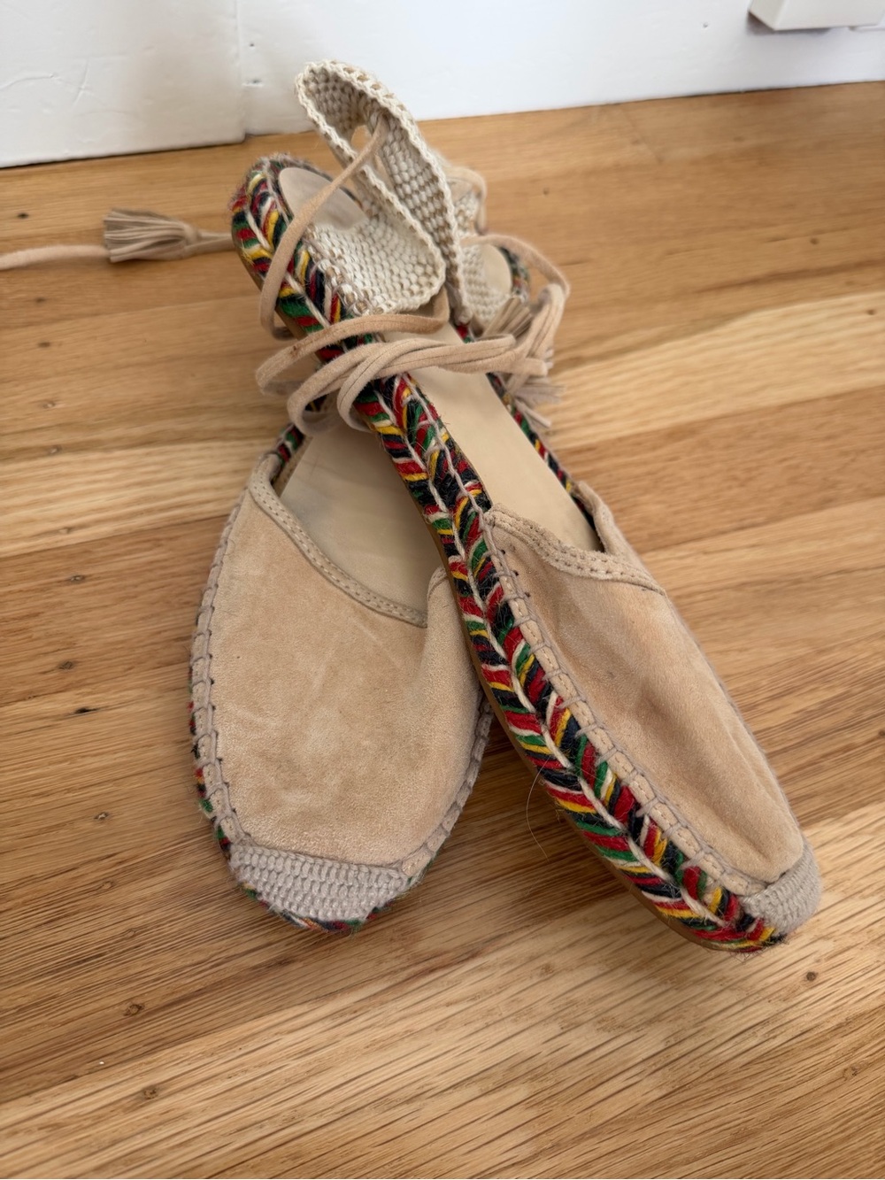 J. Crew Beige Suede Tassel Espadrille with Multicolor Braided Sole - Picture 2 of 4